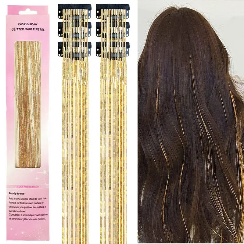 Fujia Tinsel Rainbow Accessories Colorful Gold Glitter Braiding Hair Crochet Silk Clip In Hair Tinsel for Hair Extension