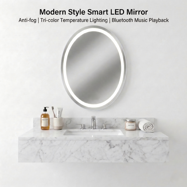 Kingstin Custom Oval LED Mirror Smart Bathroom Frameless Illuminated Mirror Anti-Fog Bluetooth Music 3-Color Light