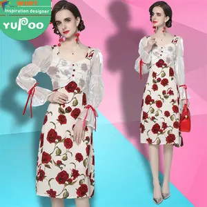 2024 llegadas Nuevos productos Moda informal para mujer Rosa Estampado de flores Vestidos de empalme Temperamento Vestidos finos Mujeres