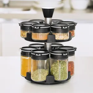 2-Tier Eco-Friendly Countertop Spice Rack 360 Rotação com 200ml Vidro Tempero Jar Armazenamento para Sal Pimenta Shaker