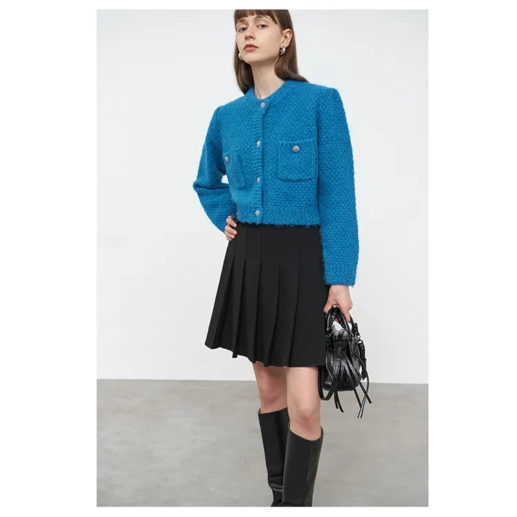 Blue Puff Sleeves Cardigan Sweater Women's Korean Small Sense Of Design Knitted Women's Sweaters