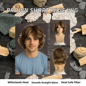 Peluca de Fibra Sintética Resistente al Calor, Corte Pixie Corto Marrón Mixto, Diseño Multinivel con Ondas Sedosas y Rectas <span class=keywords><strong>para</strong></span> <span class=keywords><strong>Jóvenes</strong></span>, Ideal <span class=keywords><strong>para</strong></span> Cosplay y Fiestas Rock - Product Image 2