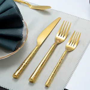 Stainless steel 18/0 hand forged gold spoons and forks flatware set, heavy duty gold plated cutlery