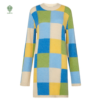 Robe pull midi en coton tricoté à carreaux patchwork pour femme, personnalisée, douce, à manches longues, vente en gros
