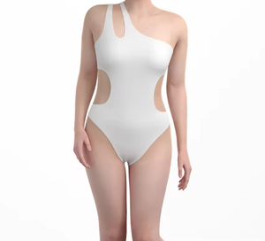 Women White One Piece Swimsuit Asymmetrical Neck Cut-Out High Cut Stretch Knitted Beachwear - Product Image 4
