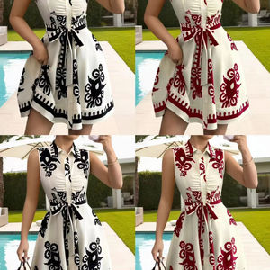 Mode féminine sans bretelles imprimé fleuri ceinturé taille robe dames été plage robe décontracté sans manches balançoire robe - Product Image 1
