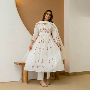 <b>Women's</b> <b>White</b> Embroidered Cotton Knee-Length Salwar <b>Suit</b> Dupatta Traditional Regular Fit Casual Wear Quick Dry India Pakistan - Product Image 1