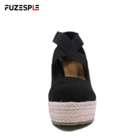Femmes automne paille tissé chanvre corde pêcheur chaussures bout rond plate-forme grosse semelle mode chaussures compensées talons hauts