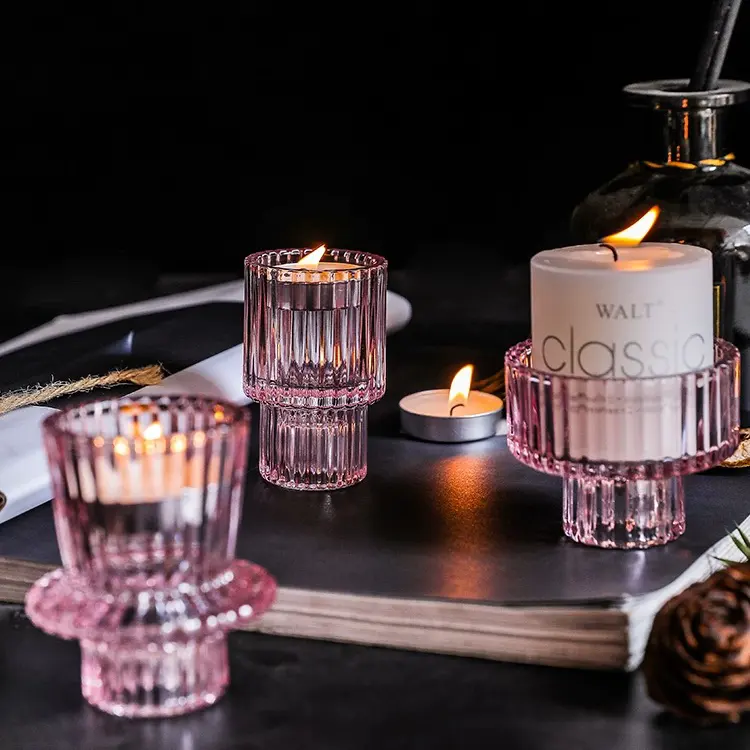 Taper Candle Stand Pink Glass Tealight Castiçal Titulares para Festa Decorações Home Natal Votive Glass Candle Holders