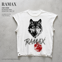 Débardeur Homme RAMAX Personnalisé avec Strass et Motif Loup Vieilli, Ourlet Brut, Style Streetwear Gothique Y2K, Vente en Gros OEM