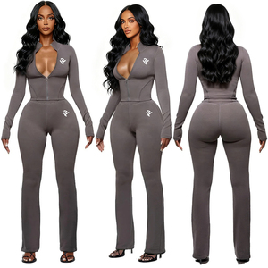 Ensemble survêtement <span class=keywords><strong>femme</strong></span> en molleton de coton de haute qualité, veste zippée ajustée et pantalon de survêtement, vêtements de sport, deux pièces - Product Image 2