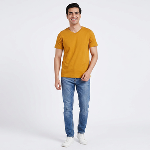T-shirt pour homme en coton extensible doux, col en V, coupe ajustée, T-shirt en coton unisexe classique orange tendance - Product Image 1