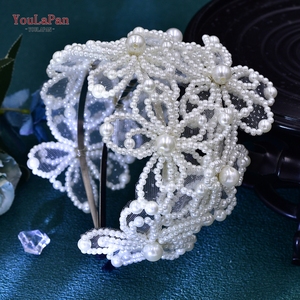 YouLaPan HP695 Couronne de Mariée de Luxe, Design Blanc Délicat, Ornée de Perles et de Cristaux, Accessoire Cheveux Élégant pour Femme, Diadème - Product Image 1