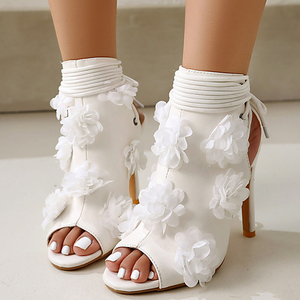 Women Back Lace Up Shoes Flower Ornaments High Heels Summer High Top Large Size 48 Wide Fit Peep Toe <b>Sandals</b> - Product Image 1