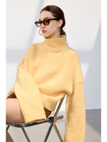 100% Reiner Kaschmir Vintage Anti-Falten Flauschiger Rollkragenpullover Grobstrick-Pullover für Damen Übergroß mit Abfallender Schulter und Gerippten Bündchen