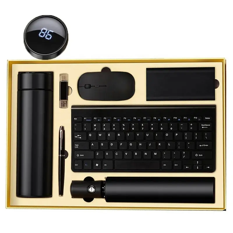 2024 artículos de promoción navideña novedosos bolígrafo de negocios paraguas cuadernos teclado y ratón inalámbricos conjunto de regalo personalizado corporativo