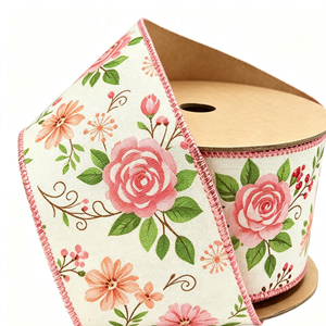 Cinta de Yute Sintético Fino de 2 1/2 Pulgadas con Alambre, Resistente al Encogimiento, Rollo de 10 Yardas, Diseño Floral Rosa Primavera, Impresión Personalizada - Product Image 6