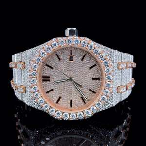 Luxury iced out diamond wristwatch round dial rose gold accents crystal bezel silver <b>bracelet</b> unisex fashion timepiece - Product Image 1
