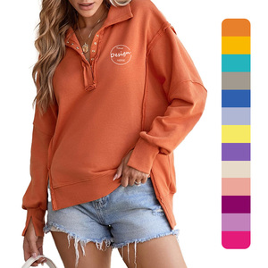 Mujeres invierno cuello en V de gran tamaño lado Split Stitch pulóver bordado personalizado ropa de calle de un solo pecho sudaderas 100% algodón - Product Image 1