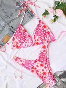 ชุดว่ายน้ำ2ชิ้นลายดอกไม้สำหรับผู้หญิงชุดบิกินี่ทรงสามเหลี่ยมตัดสูงชุดว่ายน้ำชุดว่ายน้ำ2025โลโก้ตามสั่งสีชมพู - Product Image 2