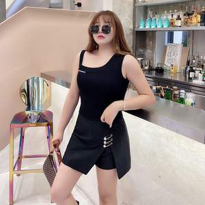 กระโปรงเอวสูงสำหรับผู้หญิงขนาดใหญ่พิเศษสีดำสีทึบพร้อม N7519ติดหมุด - Product Image 2