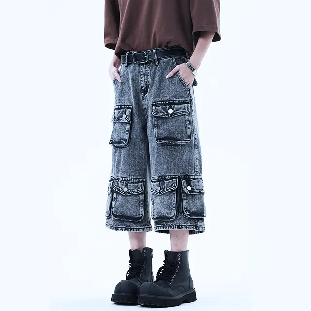 Customized multi-pocket cargo straight knee-length heavy craft high quality jean shorts