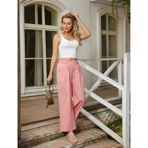 Pantalones de Lino de Cintura Alta para Mujer, Pantalones Palazzo de Pierna Ancha con Bolsillos, Color Rosa, Atuendos Casuales de Playa, Ajuste Cómodo y Transpirable - Product Image 3