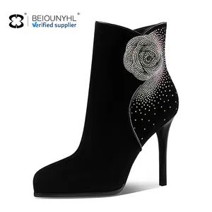 2024 Top Elegant Fall Winter New Red And Black Extra Large Rhinestone Frosted Thin High Heel Short Tube Women's Ankle Boots