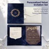 Set Undangan Pernikahan Folio Hardcover Beludru Biru Dongker Mewah Custom, dengan Emboss Foil Emas dan Akrilik, Termasuk Amplop