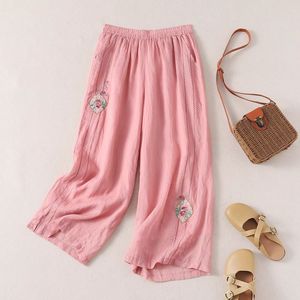Women's <b>Elastic</b> Waist Loose Cotton Linen Wide Leg Pants With Embroidery Summer Casual Plus Size Pants In White Pink Light Beige - Product Image 4