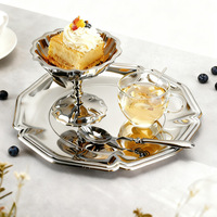 Ronde dessert- en fruitplateau van roestvrij staal, modern en eenvoudig design, voor restaurants, hotels, eten, taarten, snacks en het serveren van gerechten.
