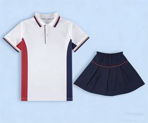 Ensemble uniforme scolaire en coton respirant 521001, impression de logo personnalisé, polo blanc, jupes plissées marine pour garçons et filles - Product Image 4