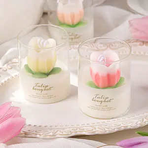 Vela romántica de flor de tulipán de vidrio de cera de soja para regalo decoración del hogar