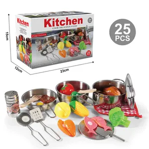 25PCSふり遊び子供キッチンウェアプレイハウスおもちゃ調理食器調理器具ステンレス鋼キッチンおもちゃ