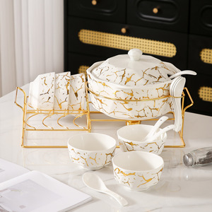 Marble Pattern Gold Inlay <b>Ceramic</b> Microwave Safe Soup <b>Pot</b> and Bowl Set Modern Middle Eastern Light Luxury Tableware - Product Image 4