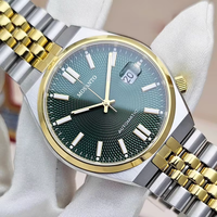 Montre mécanique automatique pour homme, bicolore or et acier, cadran guilloché vert, fond transparent, bracelet, montre-bracelet avec date