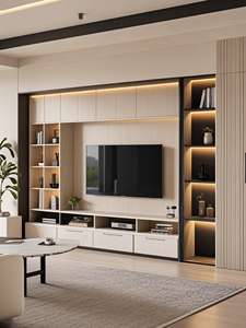 Meubles <span class=keywords><strong>TV</strong></span> modernes à la mode en bois massif Meubles de télévision muraux respectueux de l'environnement avec armoires ouvertes <span class=keywords><strong>et</strong></span> lumières LED - Product Image 6