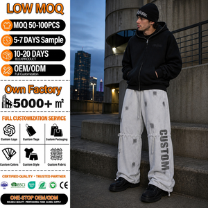 Pantalon large pour homme imprimé sur mesure, taille élastique avec cordon de serrage, style décontracté urbain, en coton, coupe ample, effet délavé - Product Image 2