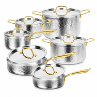 En gros Batterie de cuisine en acier inoxydable martelé avec poignées dorées, comprenant Casserole, Faitout, Poêle à frire avec couvercles, compatible induction, OEM