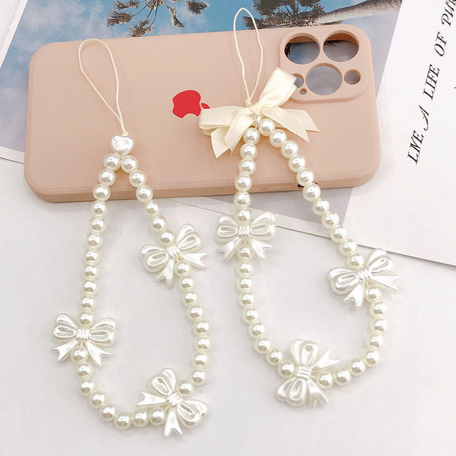 Fashionable Cufflinks Pearl Bow Mobile Phone Lanyard DIY Handmade Beads Phone Straps Chain Pendant Earphone Case Hanging