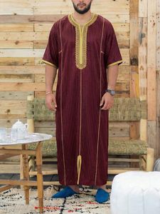 Túnicas Largas para Hombres Musulmanes, Kimonos Juba de Estilo Marroquí con <span class=keywords><strong>Bordado</strong></span> y Rayas de Manga Corta para Hombres Árabes - Product Image 2