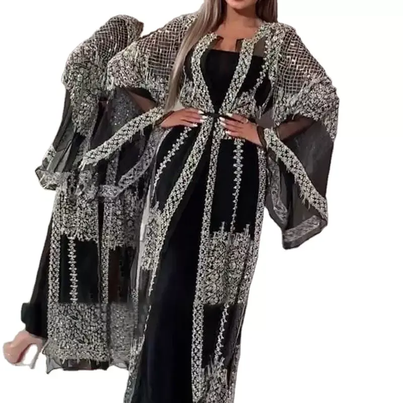 Vestido kaftan para noite, vestido estilo dubai luxuoso com lantejoulas de alta classe, bordado com renda, vestido kimono feminino preto e muscular