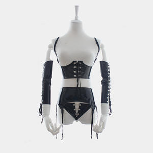 Zwart Lakleer Vrouwelijk Lichaam <span class=keywords><strong>Bondage</strong></span> 4-delige Set Sexy Harnas Korset Met Blote Buste Erotische Lingerie Voor Vrouwen - Product Image 1