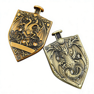 Offre Spéciale : 5 dés de style bouclier tendance avec motif dragon gravé, dés en métal à pression pour jeux de rôle RPG et D&D - Product Image 2