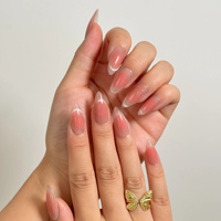 Faux ongles à presser en acrylique, forme amande, longueur moyenne, dégradé rose pêche, rose nude doux, avec nœud doré, personnalisables, vente en gros