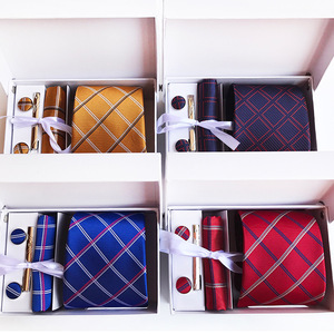 Coffret cadeau de cravate pour hommes Cravate de mariage en polyester à carreaux rouges pour hommes Cravate Hanky Boutons de manchette Fête d'affaires - Product Image 3