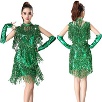 Robe de danse latine à col haut avec franges de paillettes et longues manches, sans manches, pour compétition de tango et salsa, costume de performance, uniforme de danse
