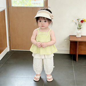 Traje de Verano Fresco para Niña, Estilo Coreano, Top Fresco con Tirantes, Pantalones de Algodón Antimosquitos para Bebé - Product Image 1
