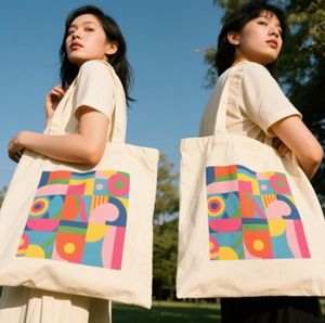 Figure géométrique personnalisée impression vierge ou personnalisée imprimé toile coton Duffle sac fourre-tout de grande taille sac à provisions - Product Image 1