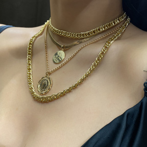 Toptan Punk çok katmanlı Curb küba tıknaz kalın portre gerdanlık kolye kadınlar Vintage oyma sikke kolye takı - Product Image 4